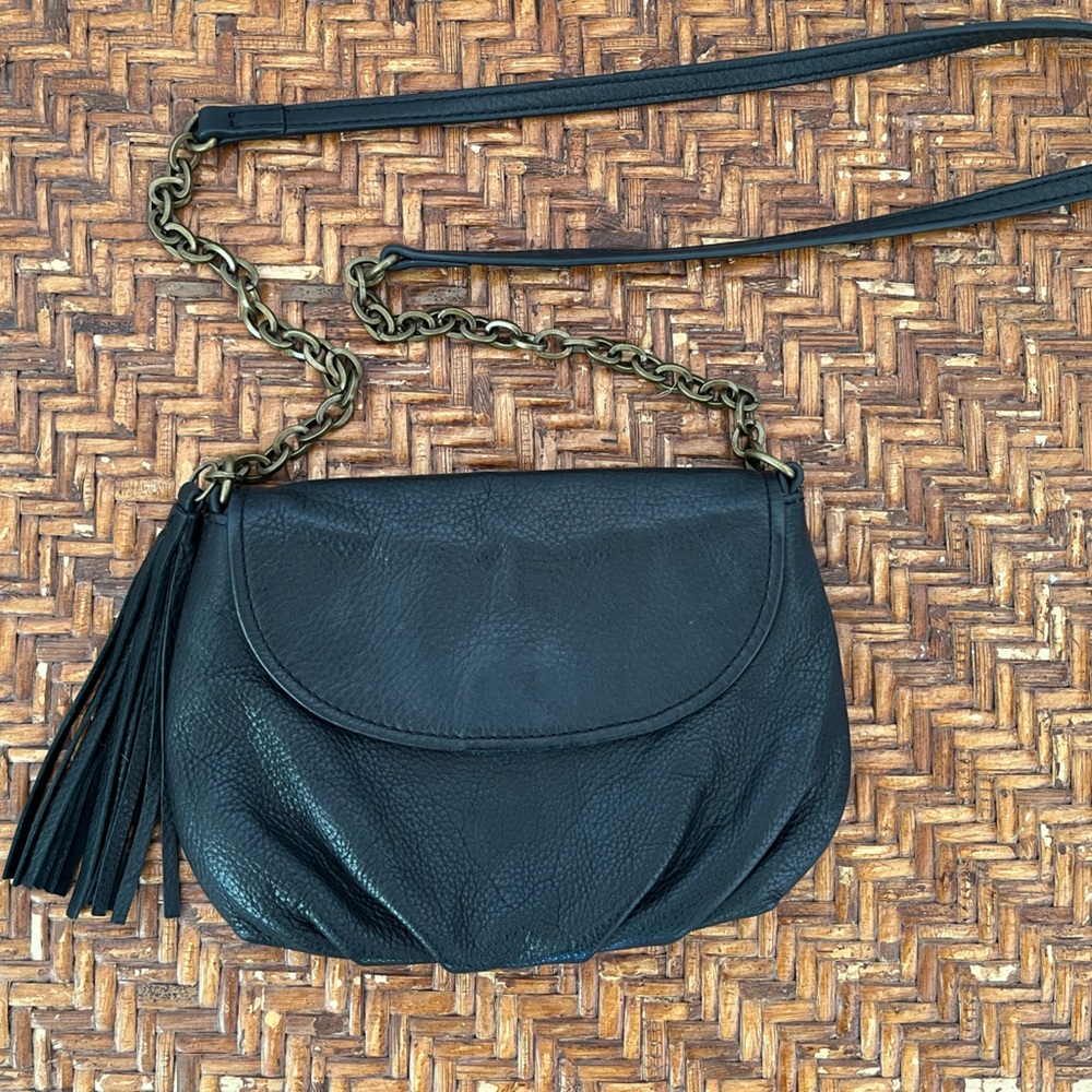 Anthropologie Margot Black Leather Crossbody Tassel Bag